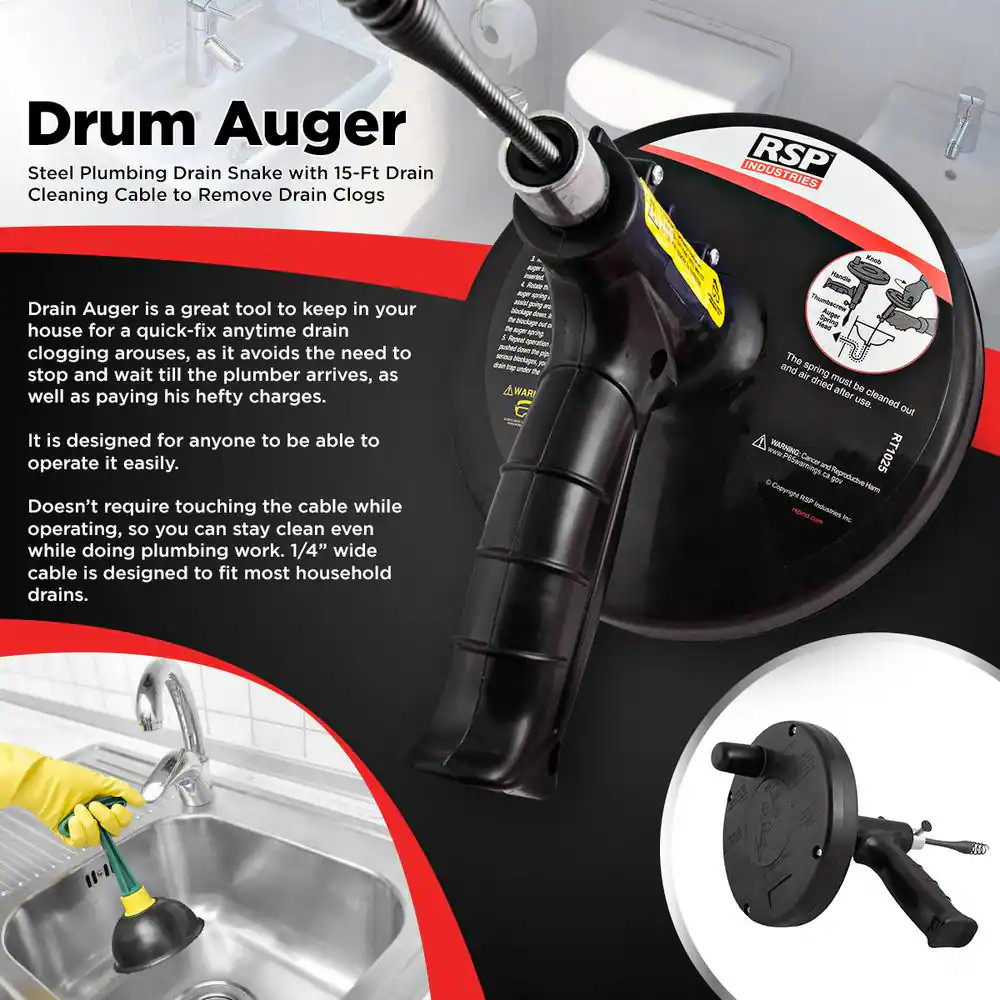 15 Ft. Drum Auger Steel Plumbing Drain Snake with Drain Cleaning Cable