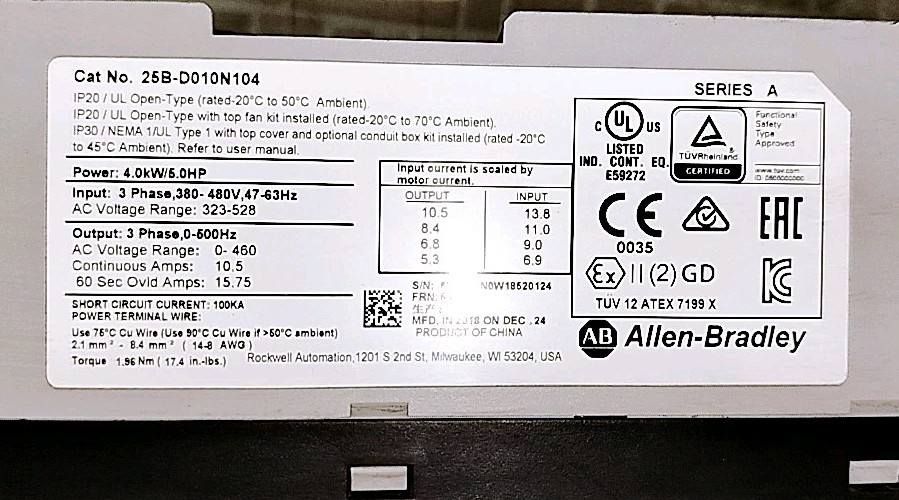AllenBradley 25B-D010N104 POWERFLEX 525 5HP DRIVE SERIES A