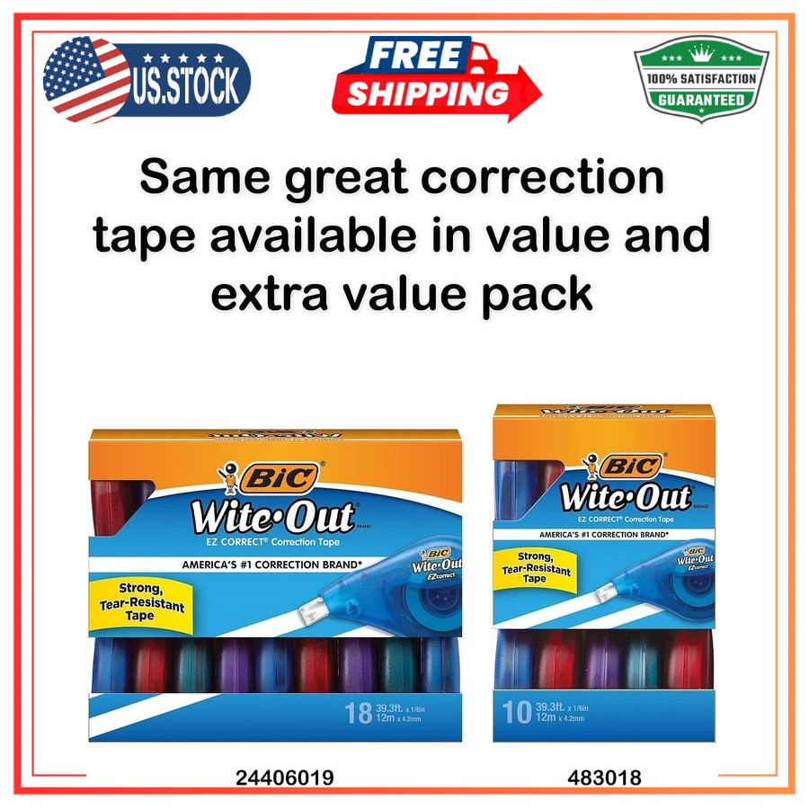 BIC Wite-Out Brand EZ Correct Correction Tape, 39.3 Feet, 2-Count Pack of white