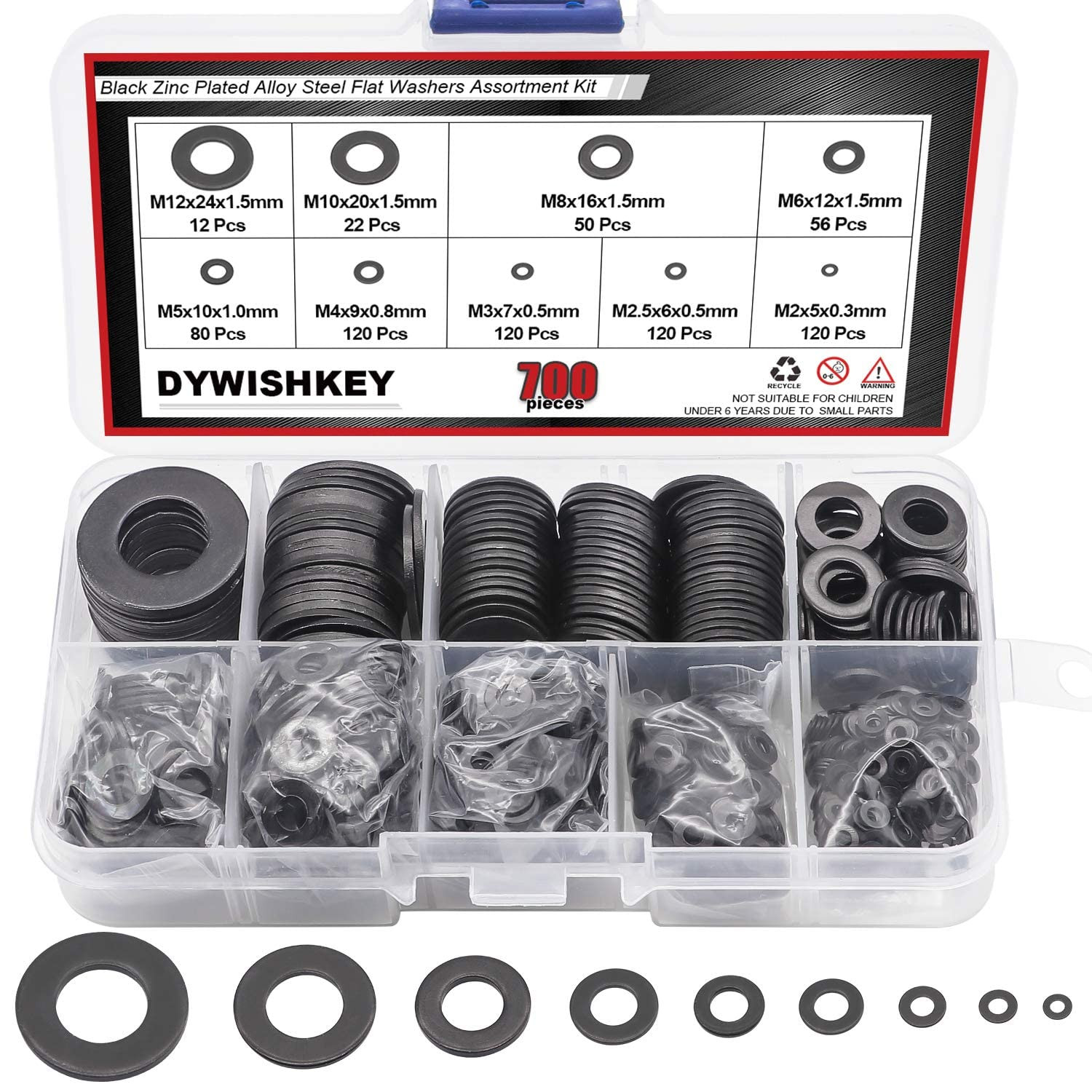 700 Pieces 9 Sizes Black Zinc Plated Steel Flat Washers Assortment Kit (M2 M2.5