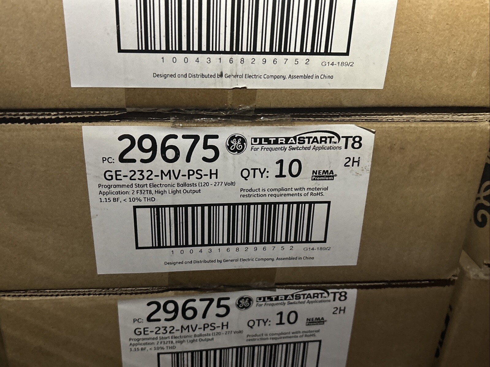 NEW BOX OF 10 GE 29675 GE-232-MV-PS-H Electronic Ballasts; 2 Lamp, T8, 120-277V