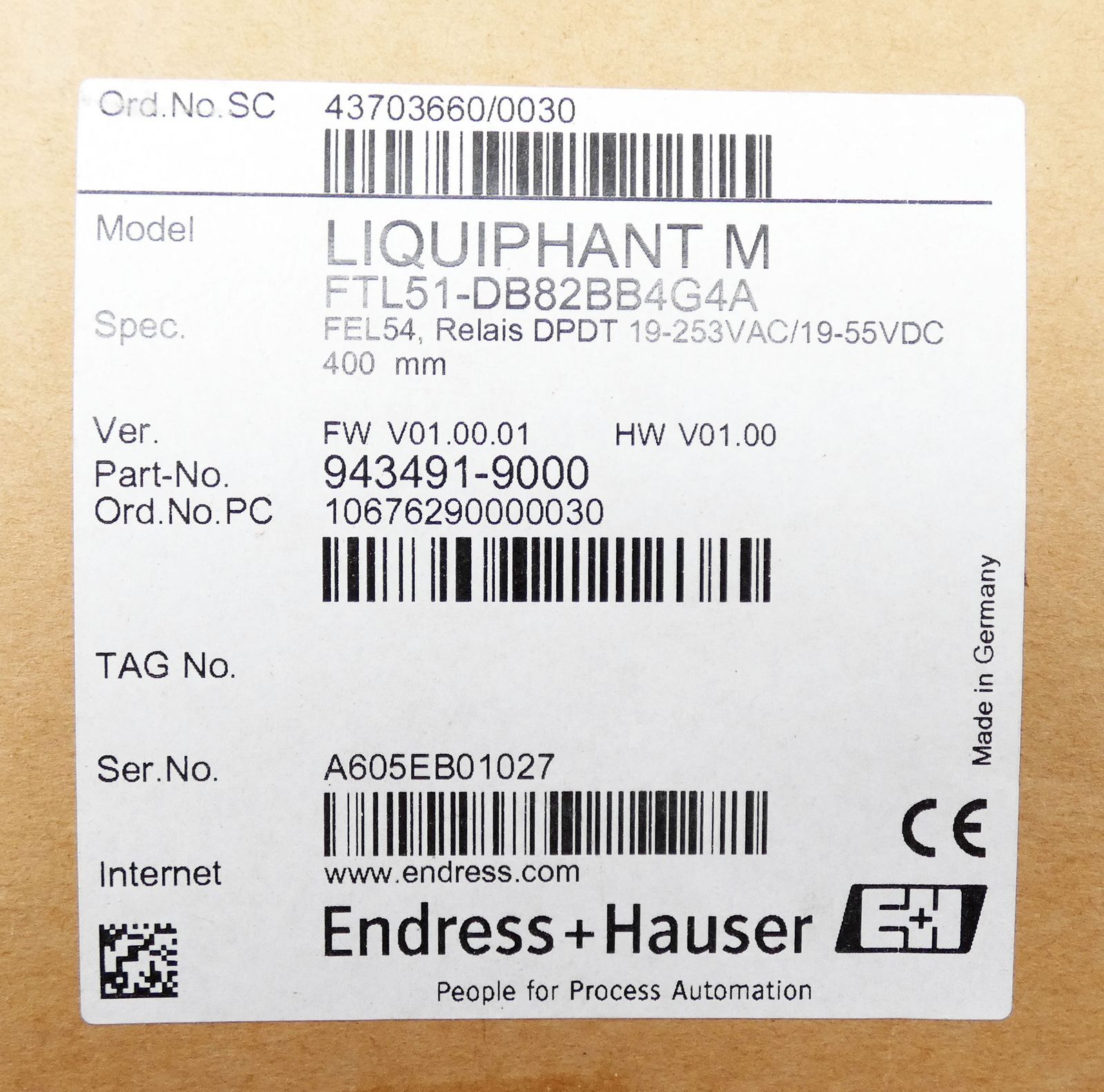 Endress + Hauser Liquiphant M FTL51-DB82BB4G4A 400mm Limit Switch -Unused/Original Packaging-