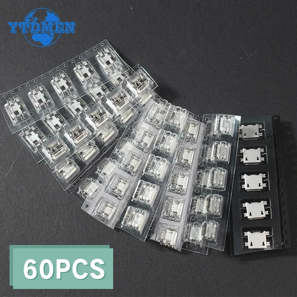 60pcs Micro USB Female Socket Connector Jack Port 5-Pin DIP Jack Plug Connector