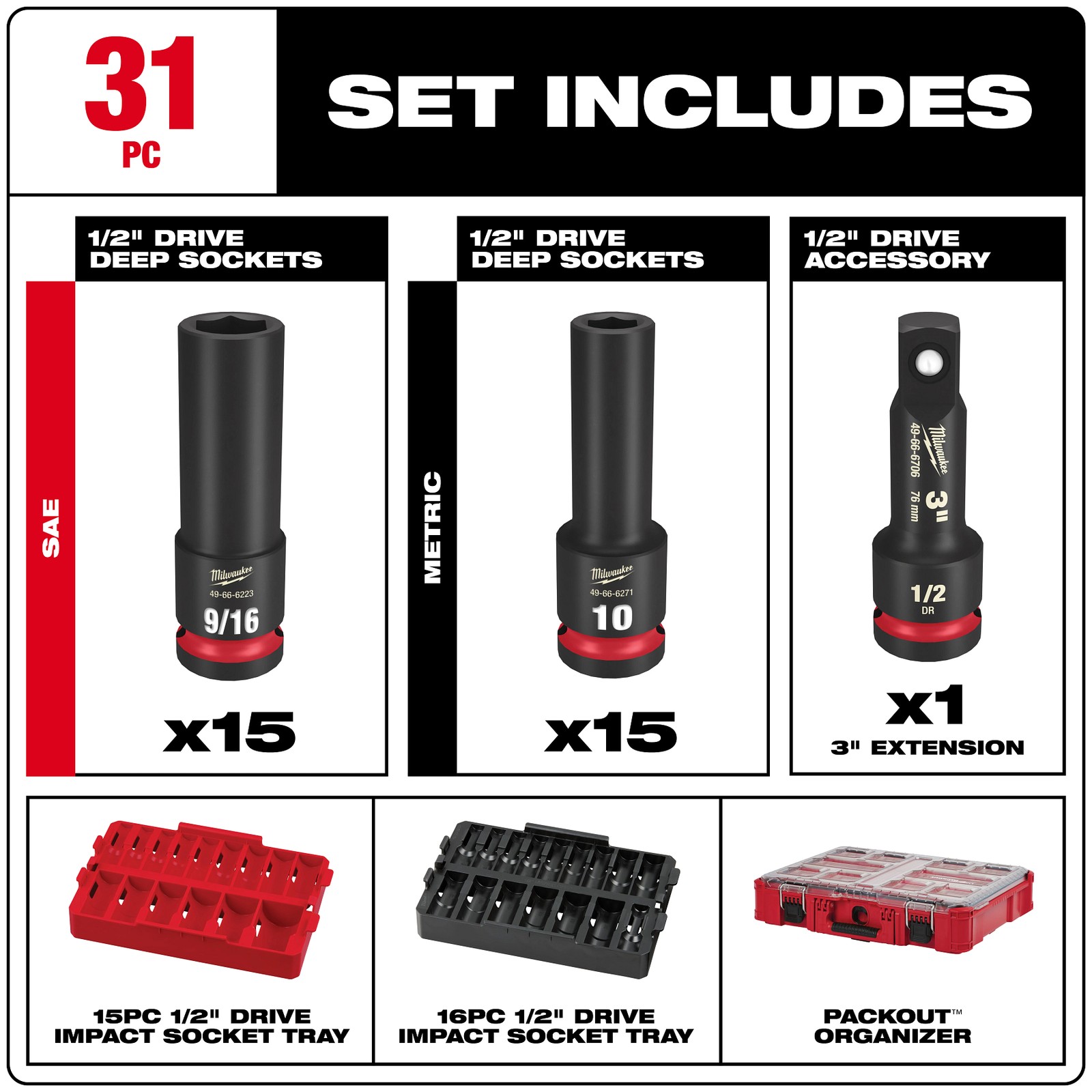 Milwaukee Tool 49-66-6806 31Pc SHOCKWAVE Impact Duty Socket 1/2” Drive Set