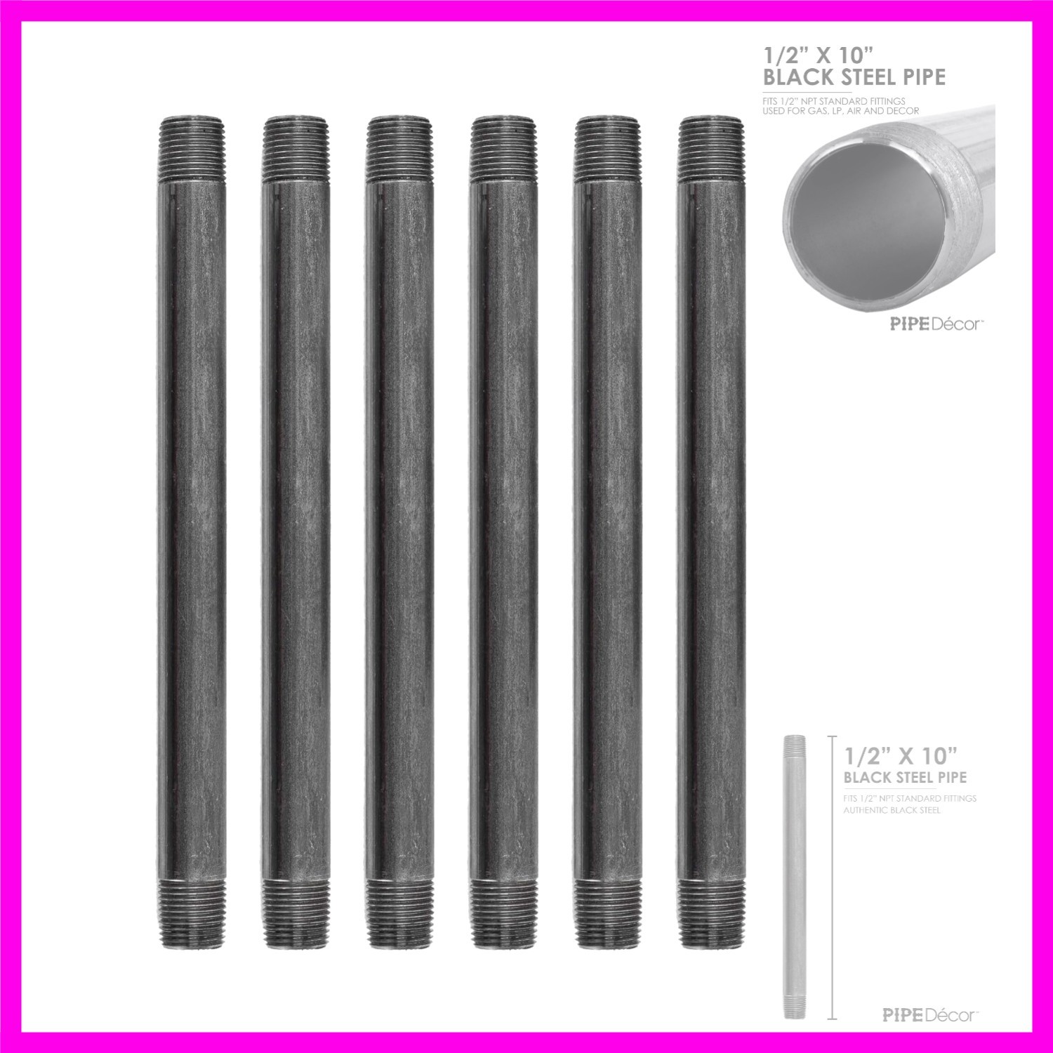 1/2” x 10” Malleable Cast Iron Pipe Nipple, Pre Cut Connectors, Industrial St…