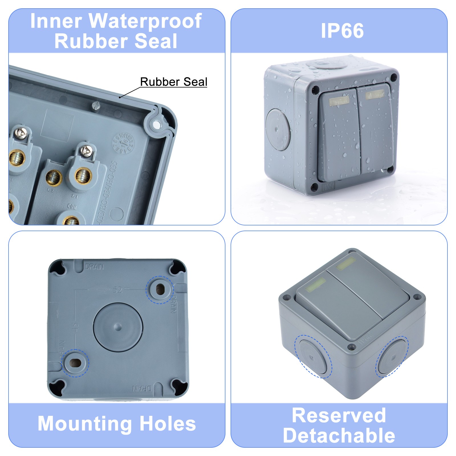 2 Gang IP66 Weatherproof Outdoor Light Switch 10A 110-250V SPDT for Yard Garage