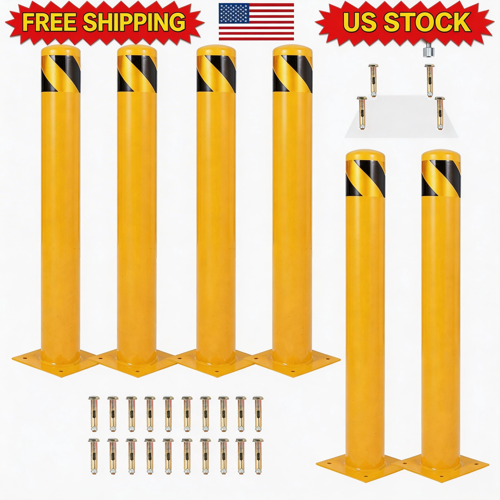 6-Pack 48 Inch Steel Safety Bollards, 4.5 Inch Diameter Parking Bollard Post