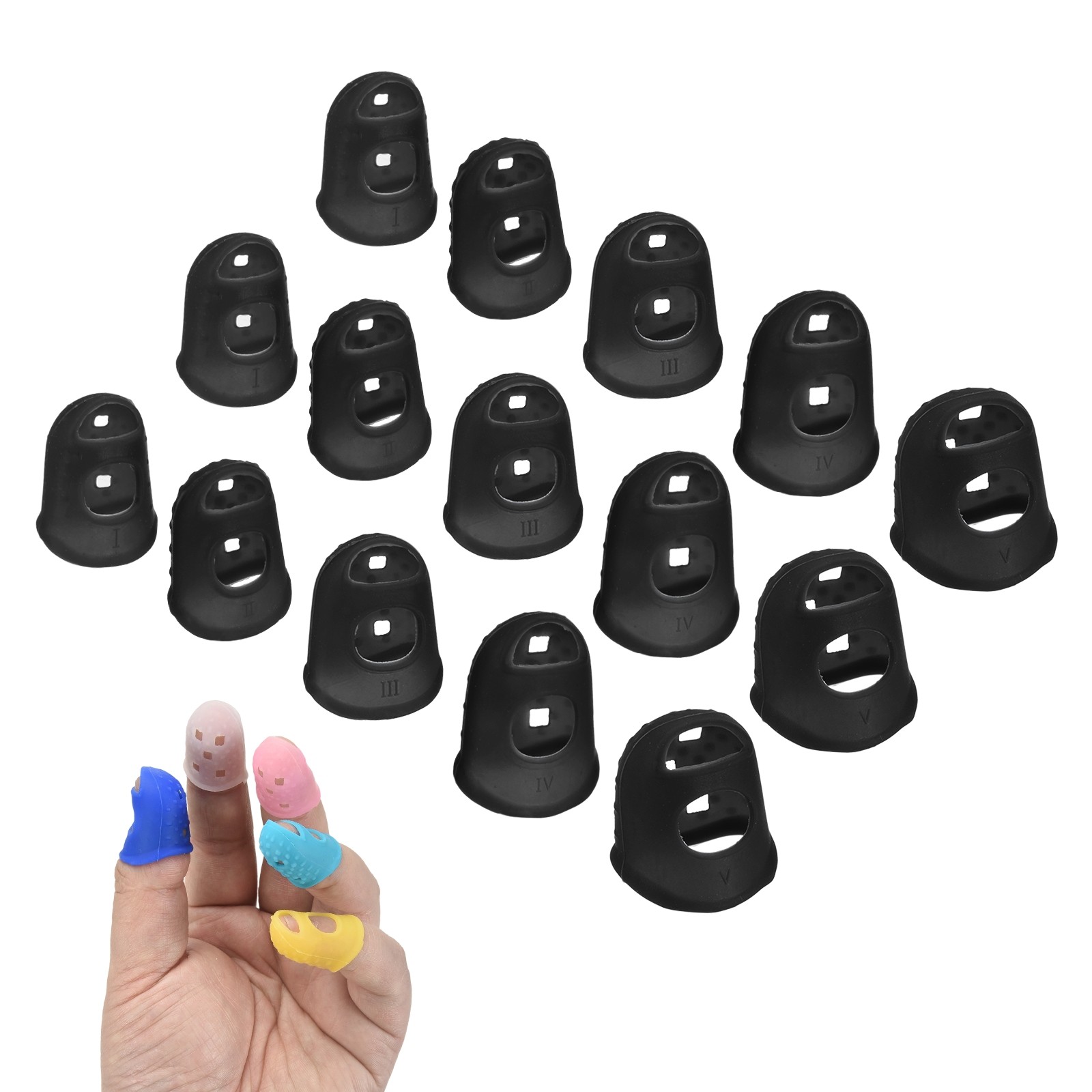 15 Pcs Silicone Finger Tips, 18/20/21.5/23/25mm Reinforced Finger, Black