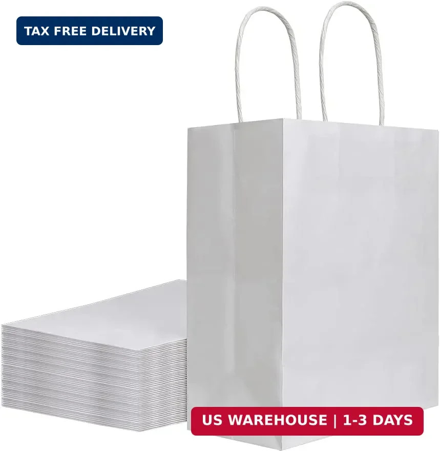 bagmad 50 Pack 8×4.75×10 inch Medium White Kraft Paper Bags with Handles Bulk, G