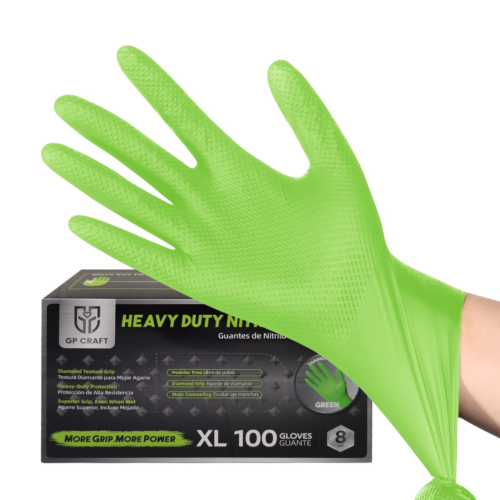 Heavy Duty Green Industrial Nitrile Gloves with Raised Diamond Texture, 8-mil