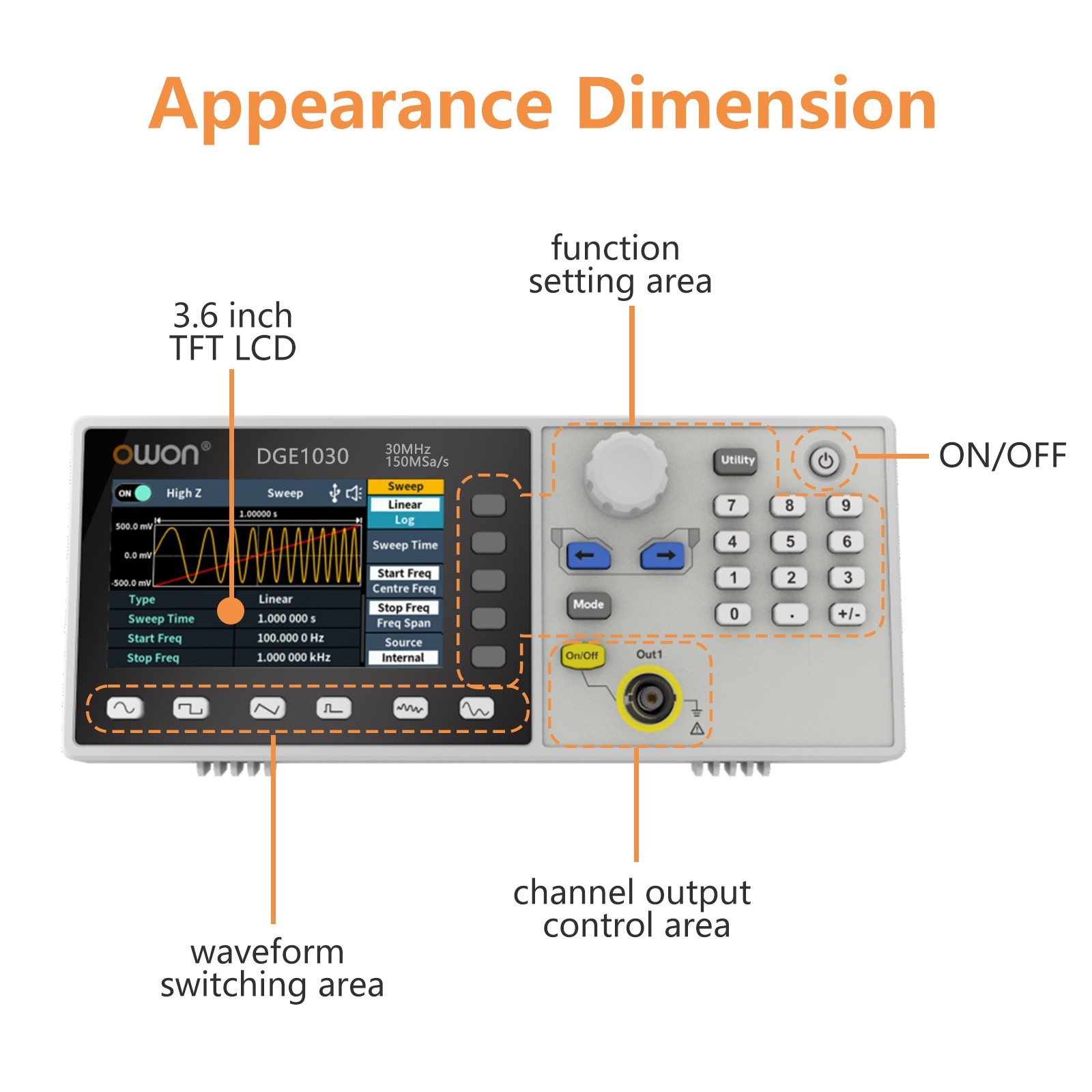 Owon DGE1030 DGE1060 1CH Waveform Generator 30MHz/60MHz 300MSa/s 14 bits