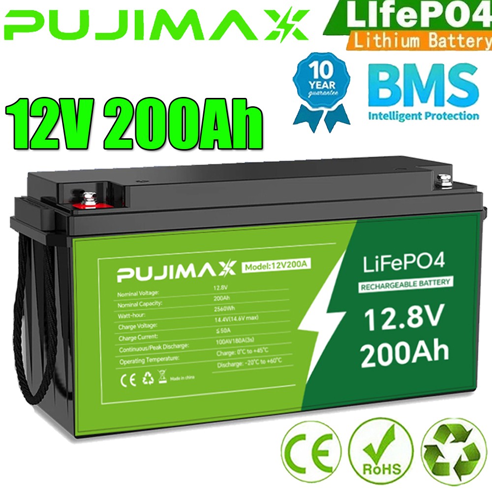 NEW 12V 200Ah 2560Wh LiFePO4 Lithium Battery Built-in BMS for Solar RV Off-Grid