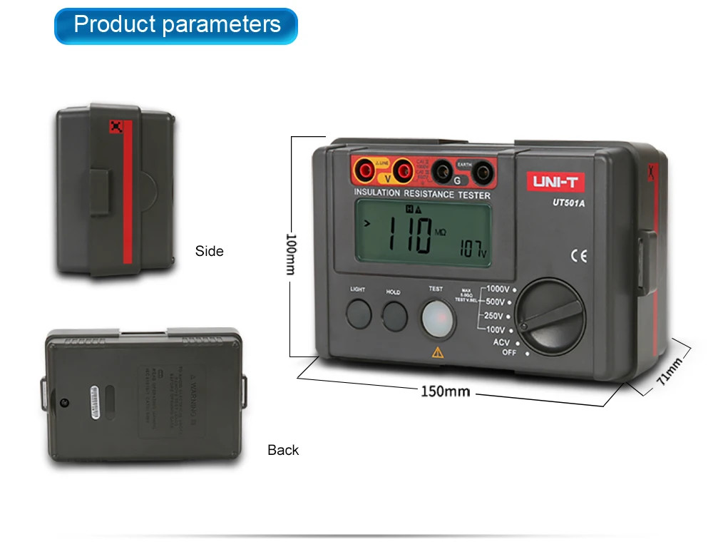 UNI-T UT501A Megger 1000V 5GΩ PI/DAR Insulation Tester Auto Discharge AC/DC