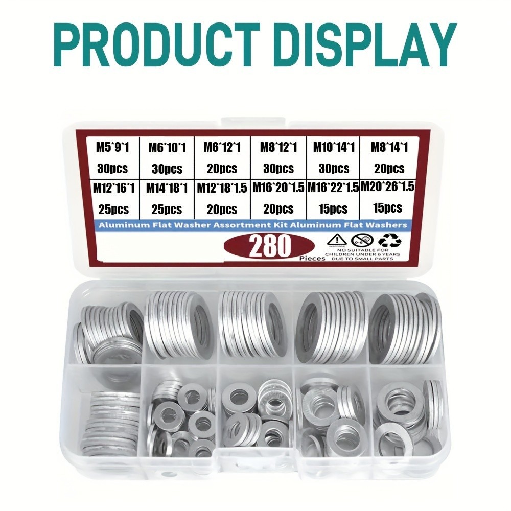 280Pcs Aluminum Flat Washer Kit – Multiple Sizes for Mechanical & DIY Repairs