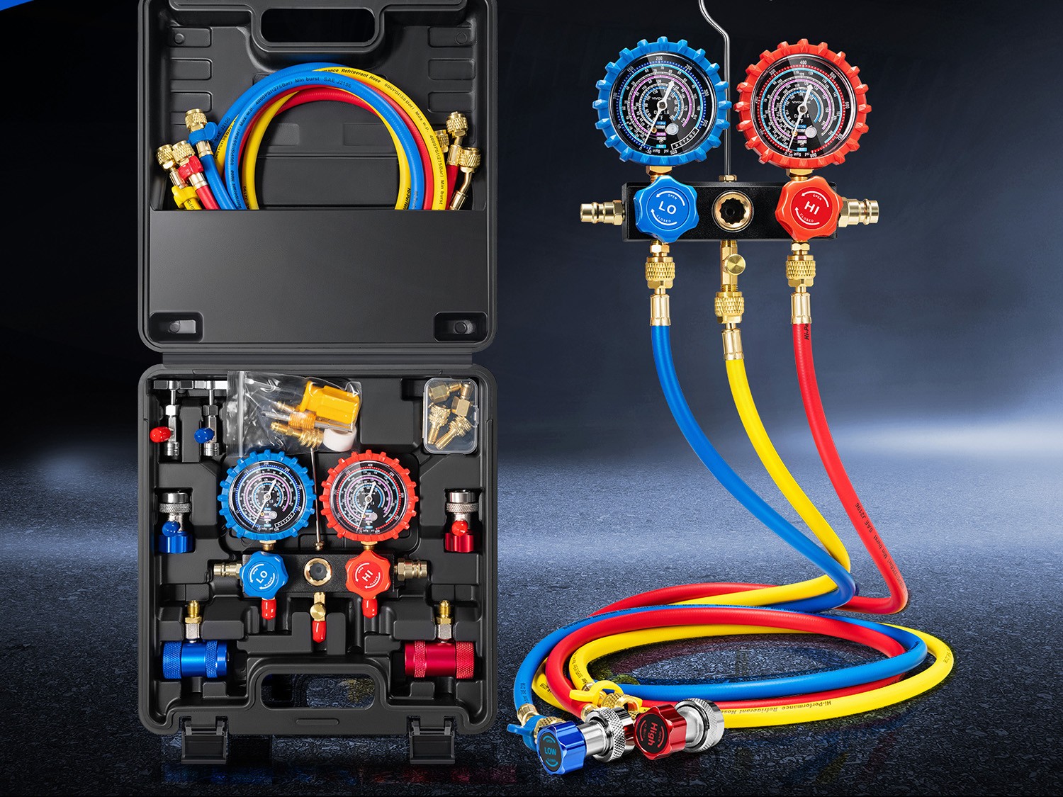 HVAC Manifold Gauge Set R134a R1234yf R410A R454B R32 AC Gauges w/ 5ft Hoses Kit