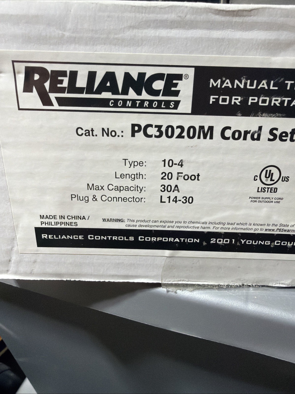 Reliance Controls PC3020R 20′ Generator L14-30 10ga Power Cord, 30a, 7500w