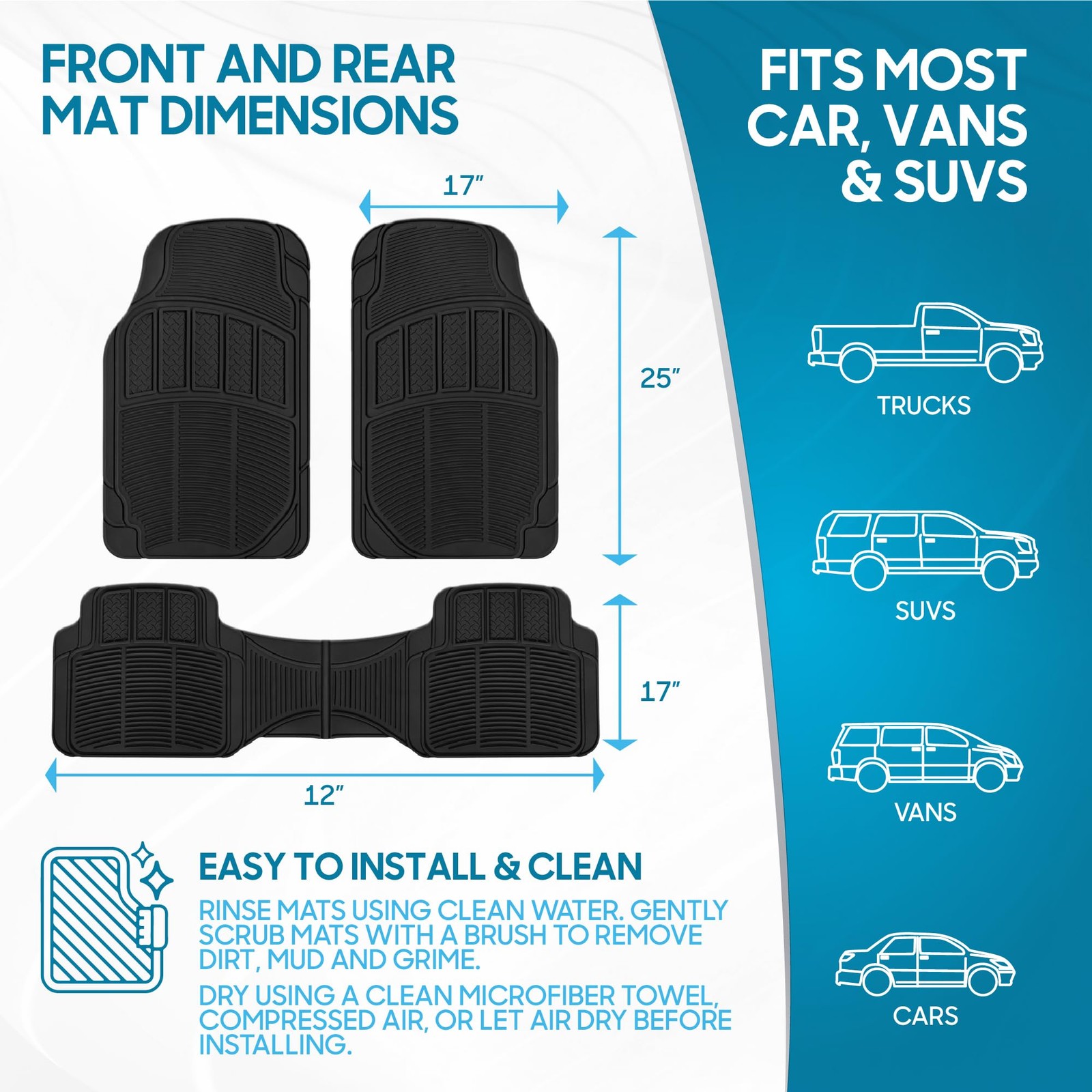 Bdk 3-Piece Proliner Heavy Duty Rubber Floor Mats Universal Fit Liners For Cars