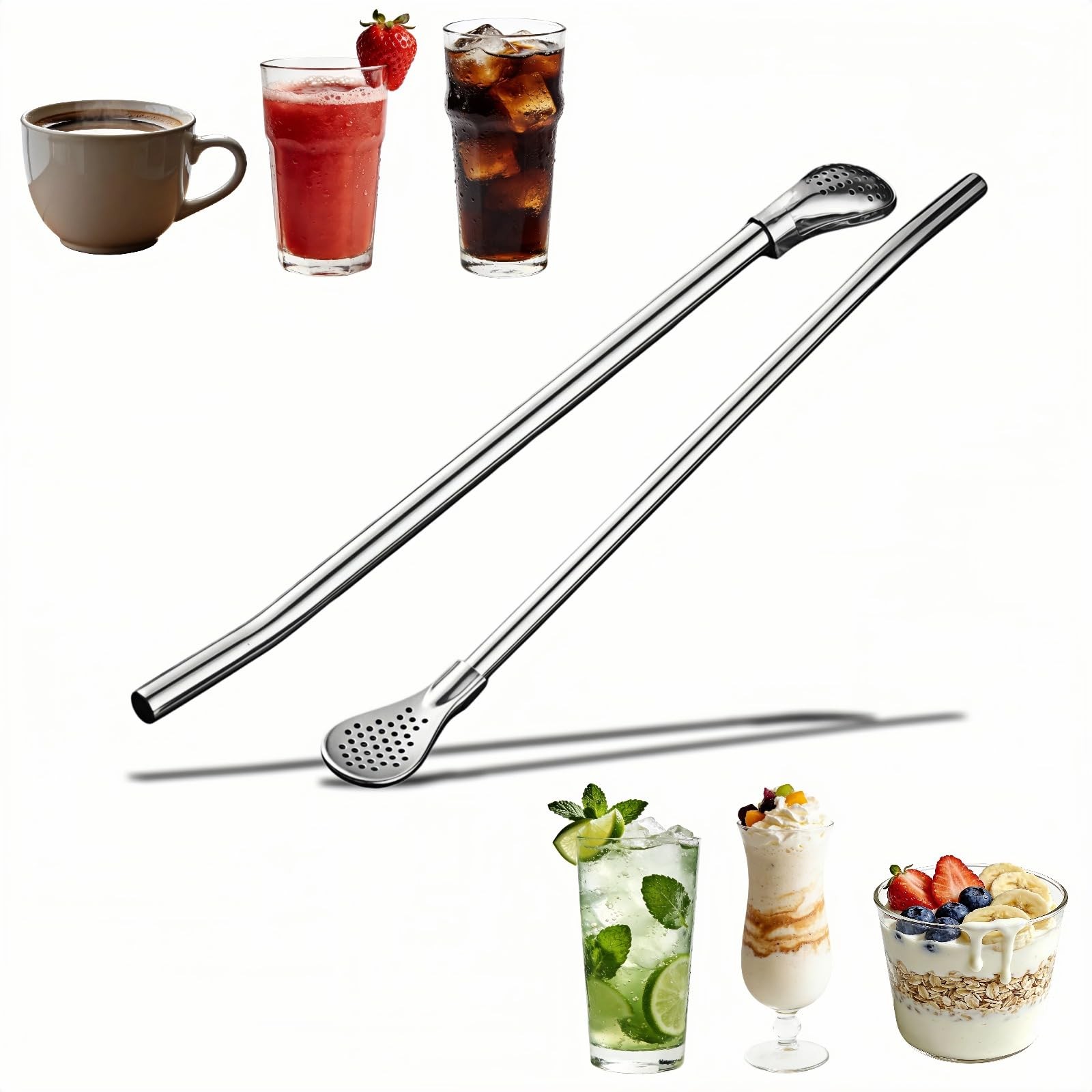 Stainless Steel Filter Straw Spoon, 2-in-1 Reusable Metal 9.65 Inches, Silver