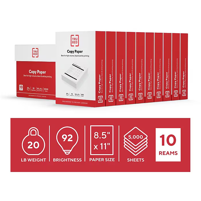 TRU RED 8.5″ x 11″ Copy Paper, 20 lbs., 92 Brightness, 5000 Sheets