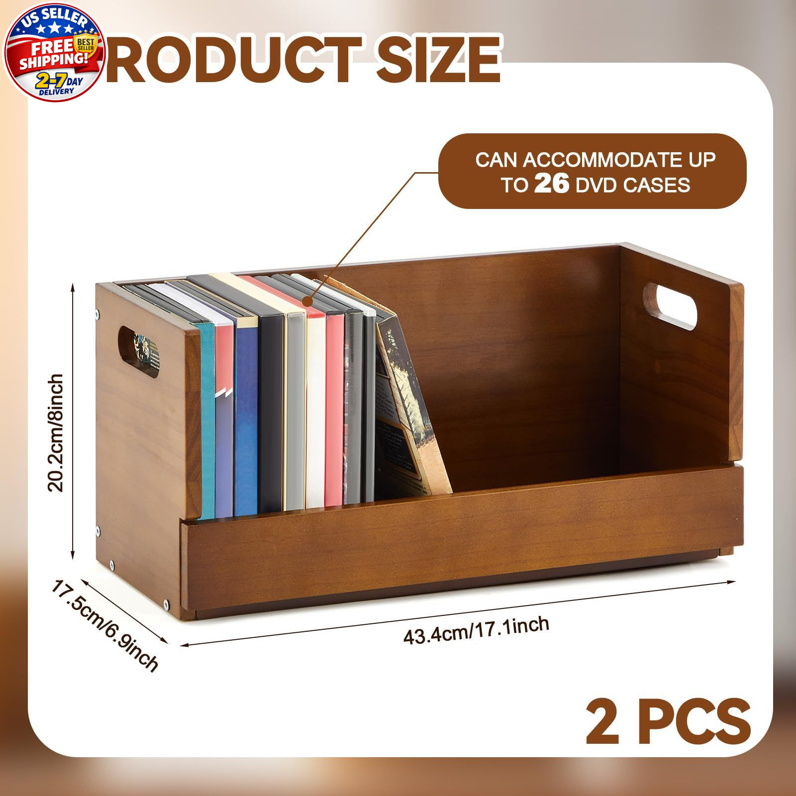 CroBlissful 2 Pack Wooden DVD Storage 16.93 x 9.65 x 3.94 inches, Brown
