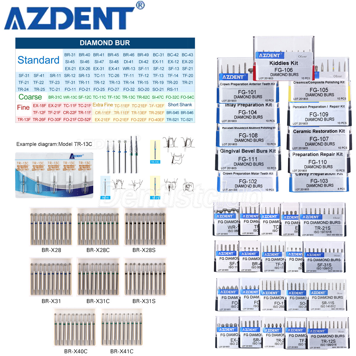 147 Types AZDENT Dental Diamond Burs FG Burs for High Speed Handpiece