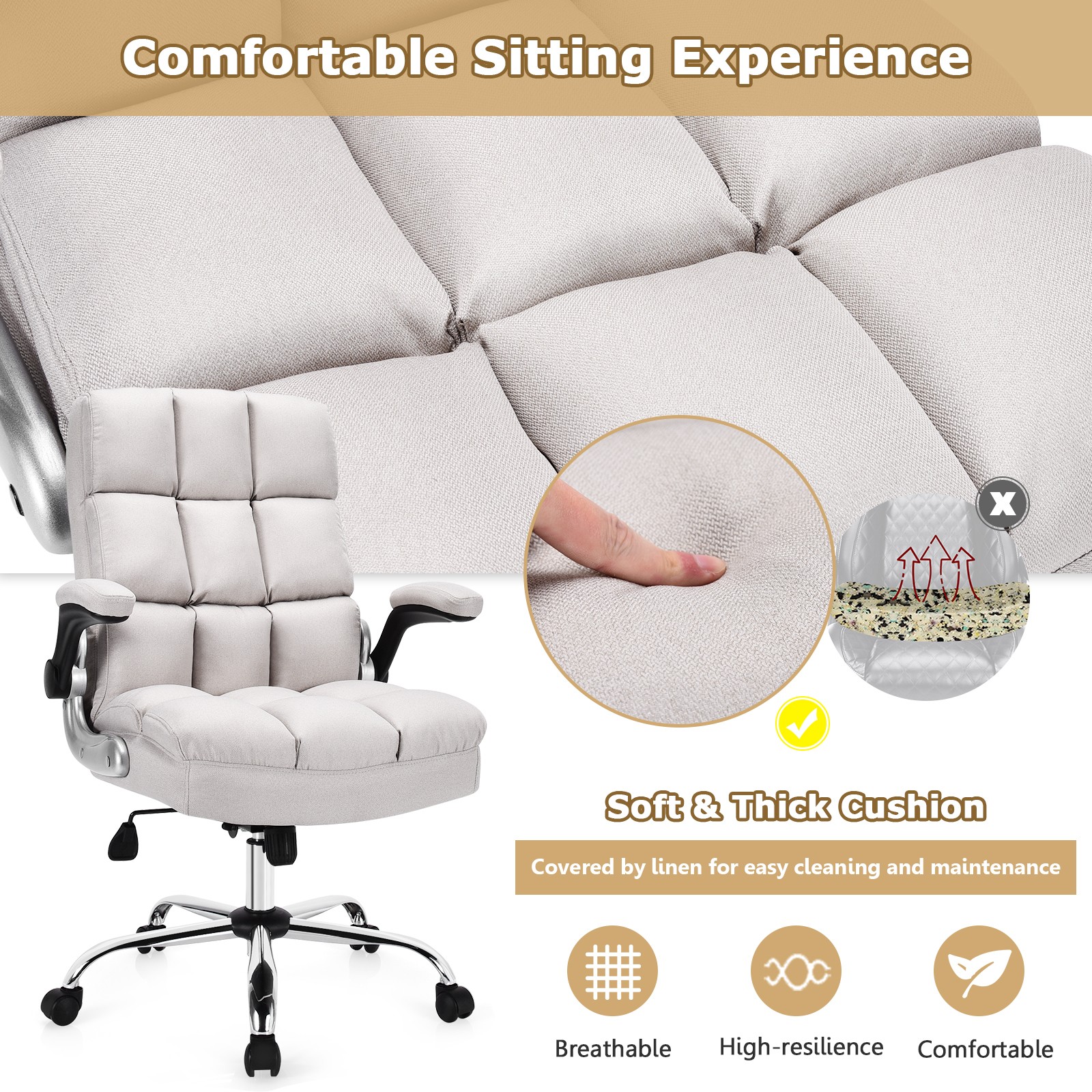 Costway High Back Big & Tall Office Chair Adjustable Swivel w/Flip-up Arm Beige