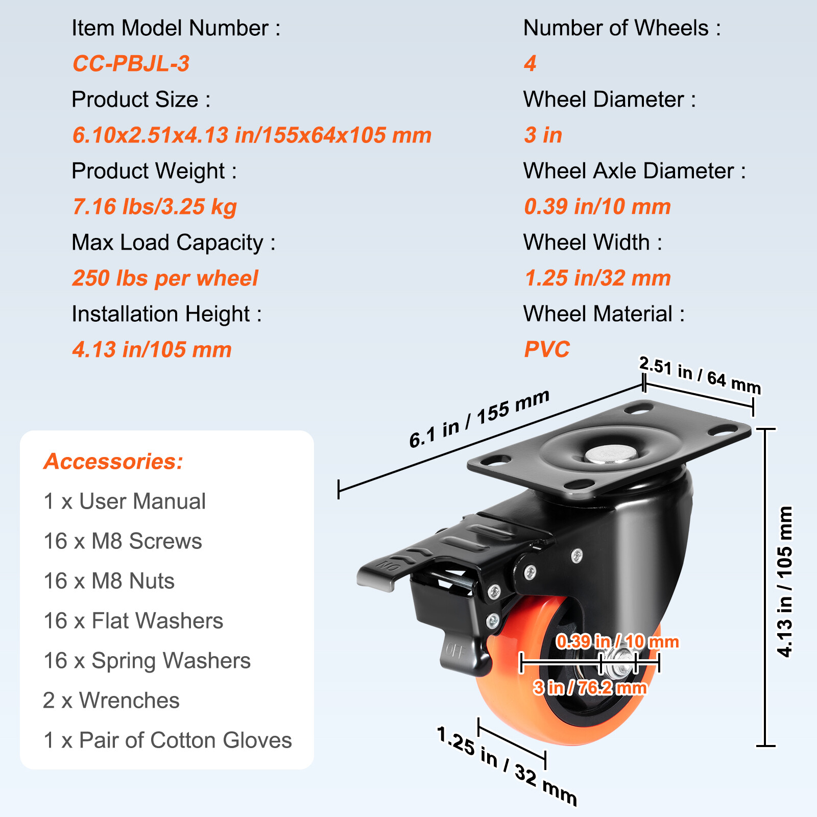 VEVOR Caster Wheels Swivel Plate Casters 4 Pack 3″ Heavy Duty with Locking Brake