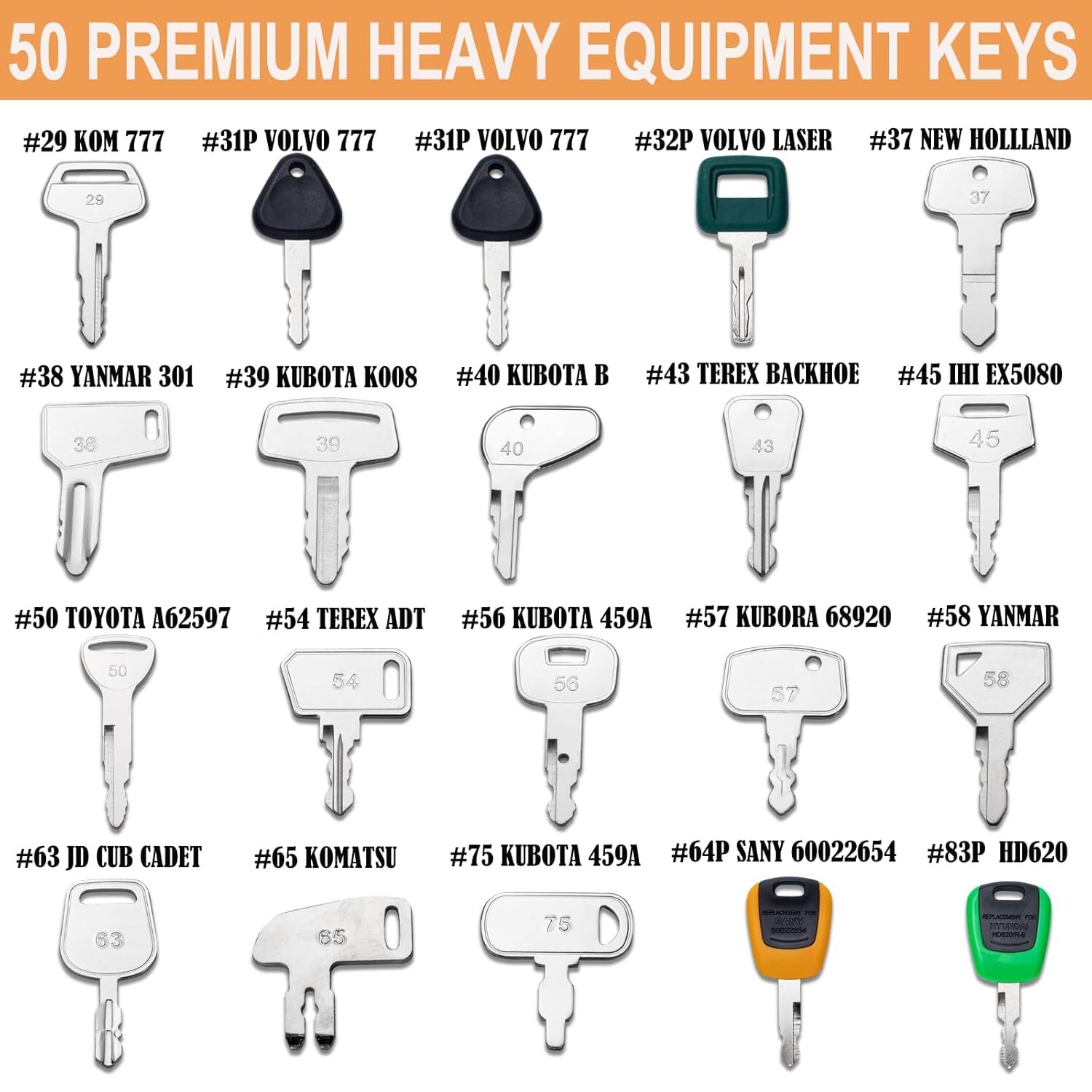 50 Heavy Equipment Keys Master Set Cat Case JD JCB Hyster Komatsu Kubota Volvo