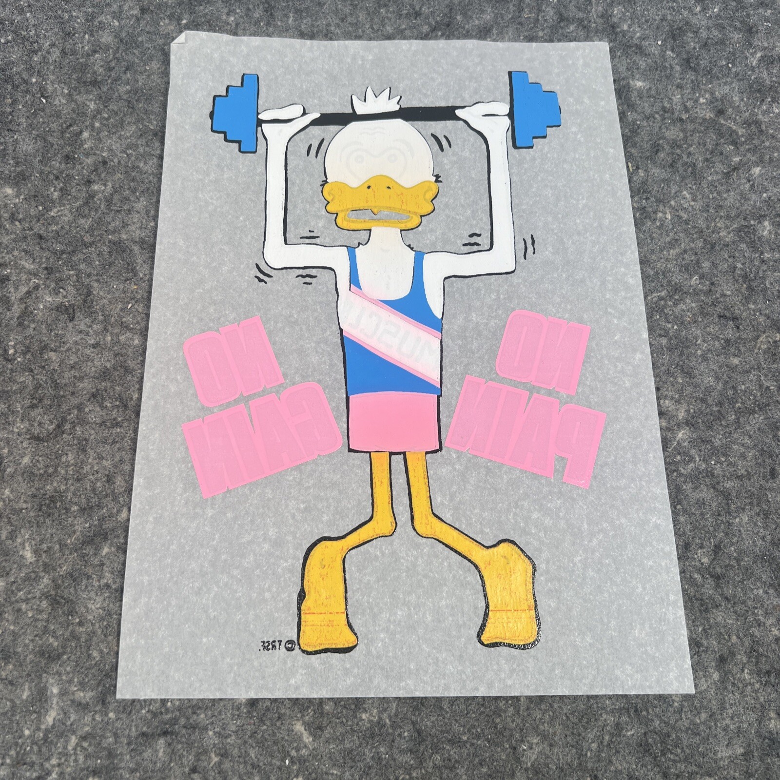 VTG 1980’s Neon «No Pain No Gain» Muscle Lifting Duck Iron On Transfer ~11″ x7″