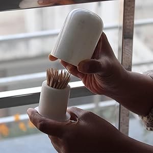 White Marble Toothpick Stick Holder with Lid | Tooth pick Dispenser For Kitchen,