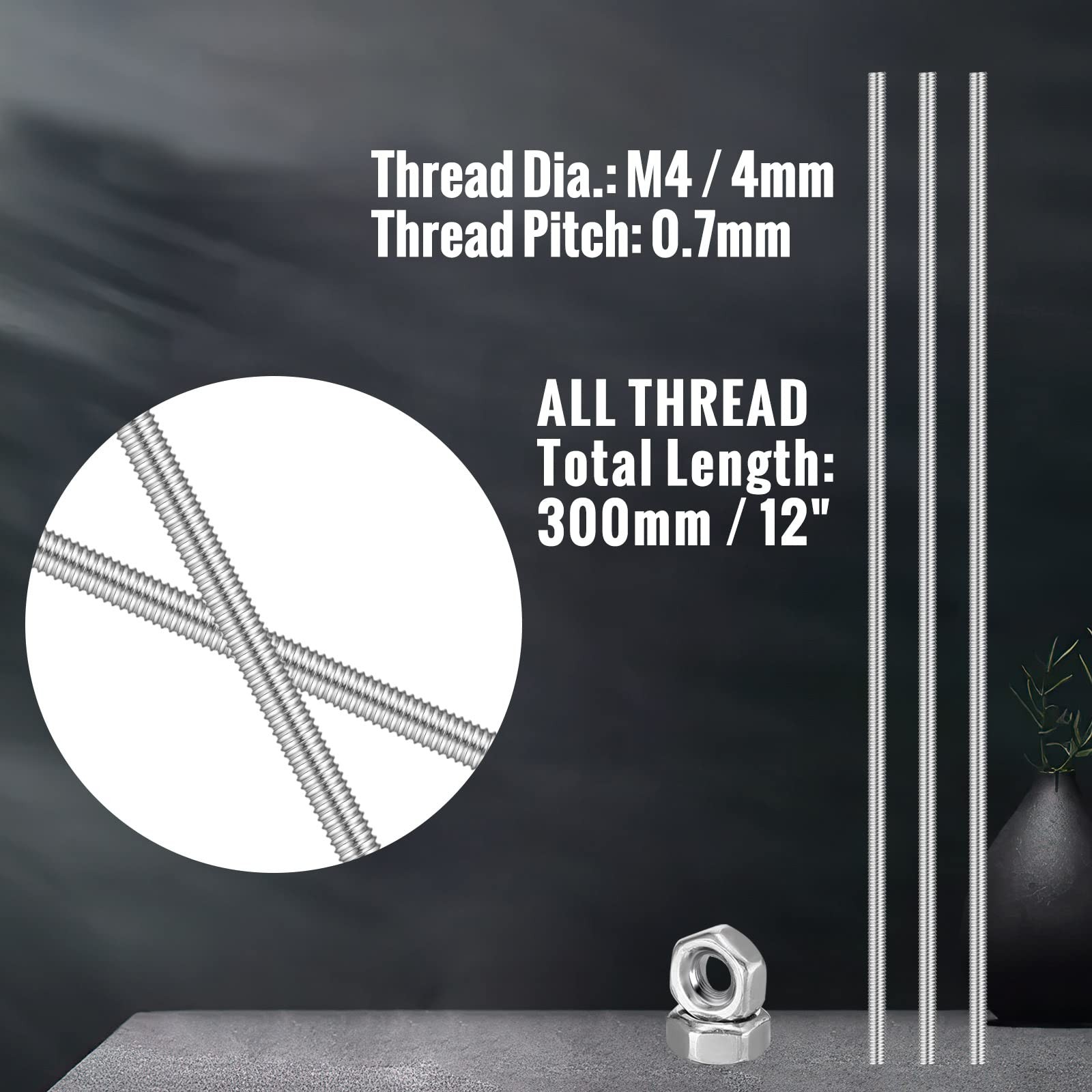 LEIFIDE 8/32 Inch 4mm Threaded Rod with Hex Nuts 12 Inch, multi-color