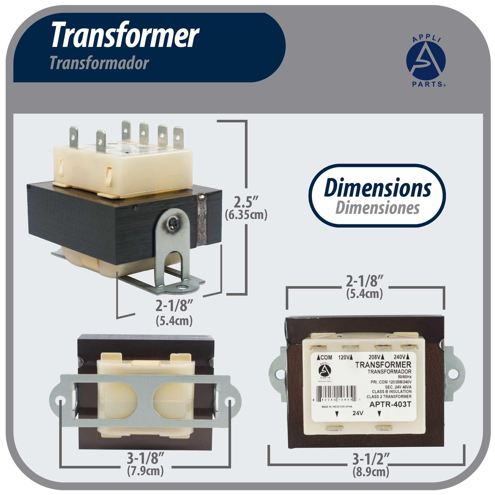 Appli Parts APTR-403T Transformer 120, 208, 240 V to 24 V, 40 Va Foot Mount 1/4