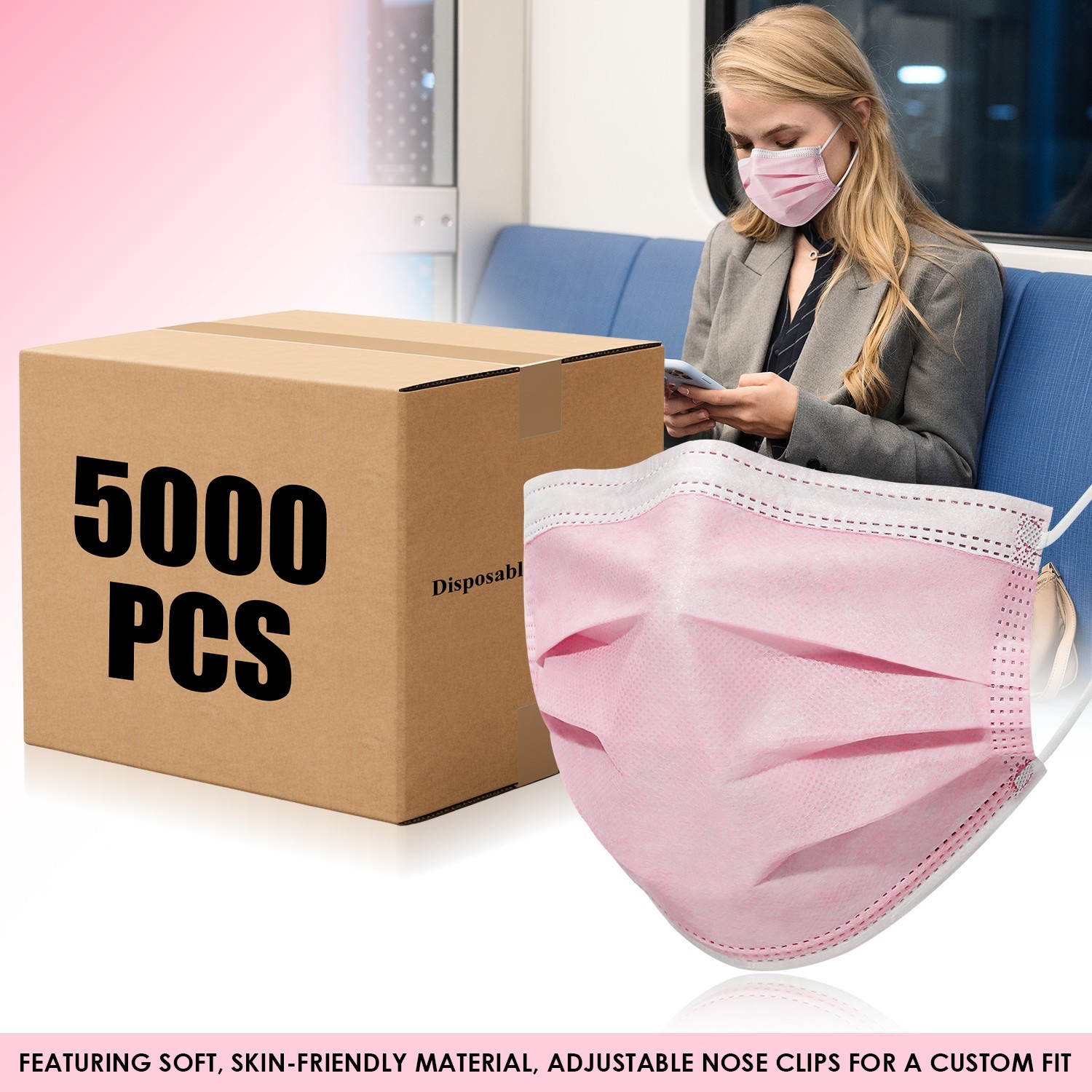 Case of 100 Boxes (5000Pcs) – Pink Disposable Face Masks 3-Ply Earloop Cover