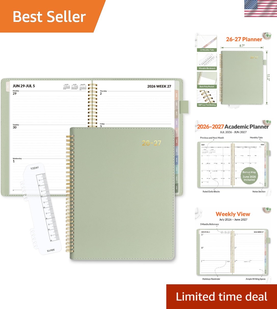 Elegant 2026-2027 Planner – 9×11.2 Leather, Extra Pages & Colorful Tabs