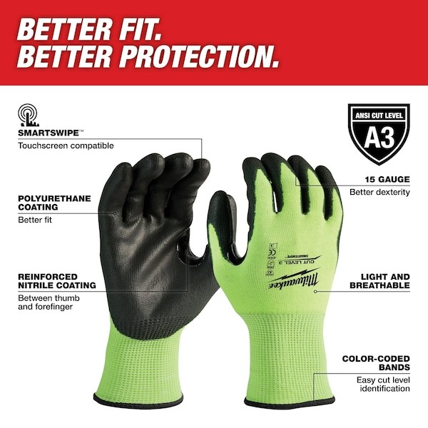 Milwaukee Tool 48-73-8932 High Visibility Cut Level 3 Polyurethane Dipped – L,