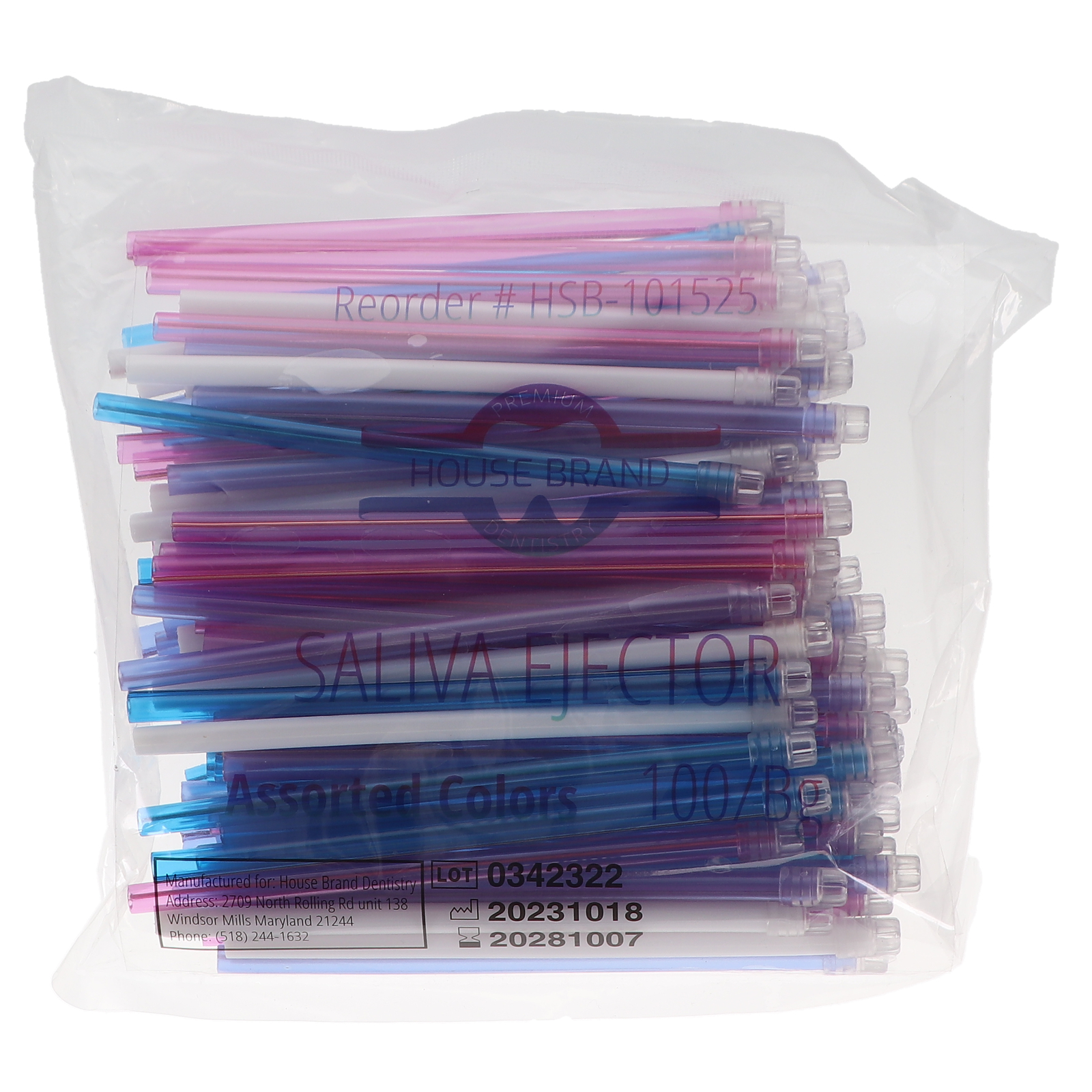 House Brand Dentistry 101525 Saliva Ejectors Lavender/Assorted Color Tips 100/Pk