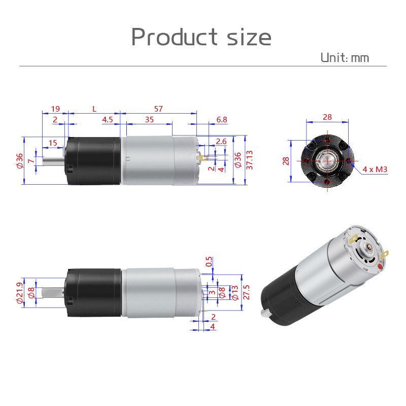 36GP-555 Planetary Micro Gear Motor 12V24V Ball Bearing Metal Shaft Diameter 8MM