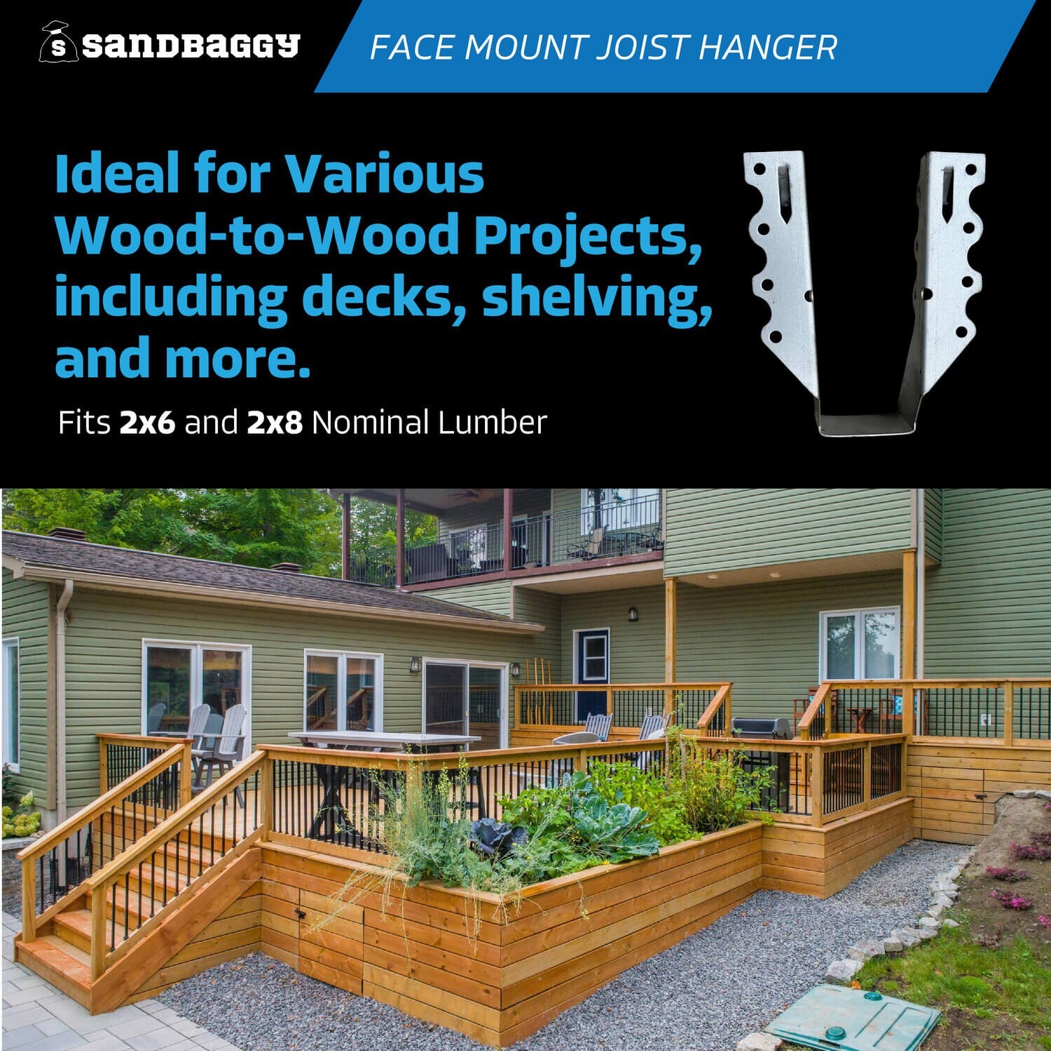 Sandbaggy Face Mount Joist Hanger for 2×6 and 2×8 Nominal Lumber (Galvanized)