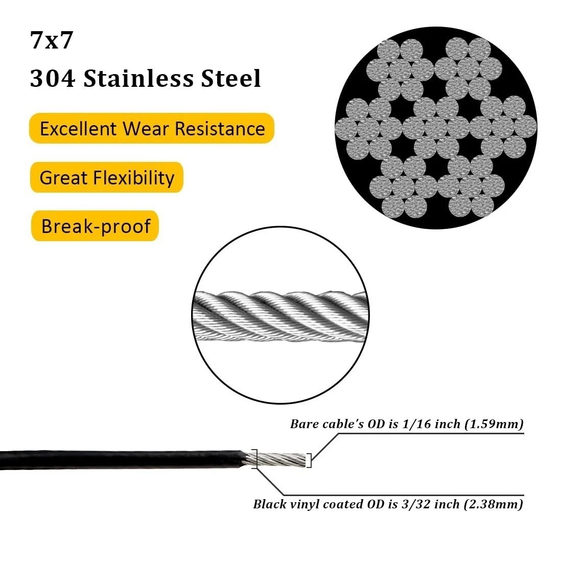 Heavy Duty 1000ft 3/32″ Black Vinyl Coated Steel Wire Rope 480lb Strength