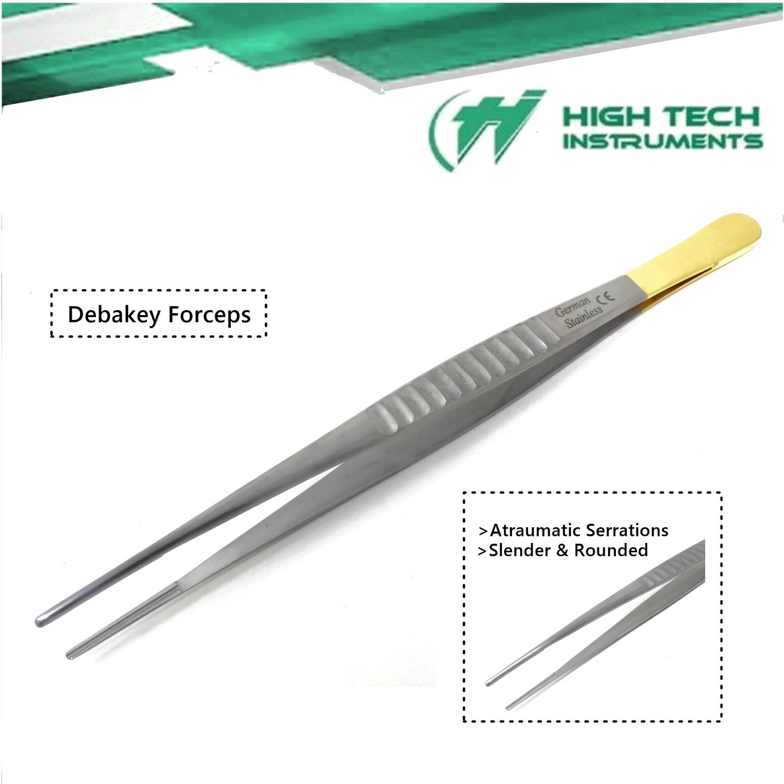 NEW German Debakey Artery Atraumatic Tissue Forceps W/Gold Handle 7″