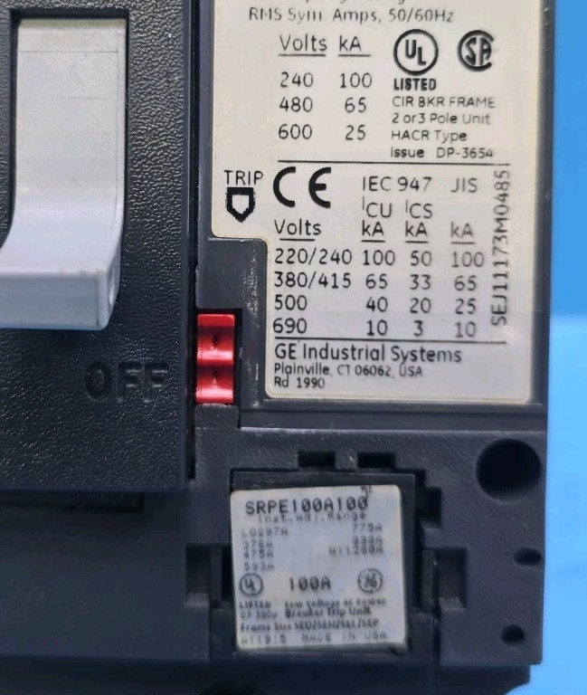 GE SELA36AT0100 /w 100A Trip 100A 600V 3Pole Spectra RMS Circuit Breaker