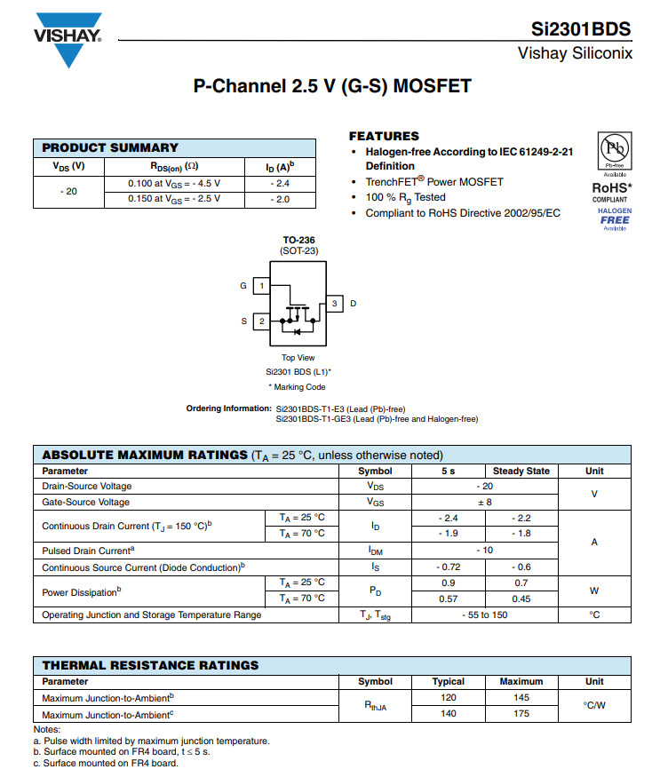 3000Pcs SI2301BDS-T1-GE3 Vishay P Channel SMD MOSFET 20V 2.4A 0.9W 0.1Ohm SOT-23
