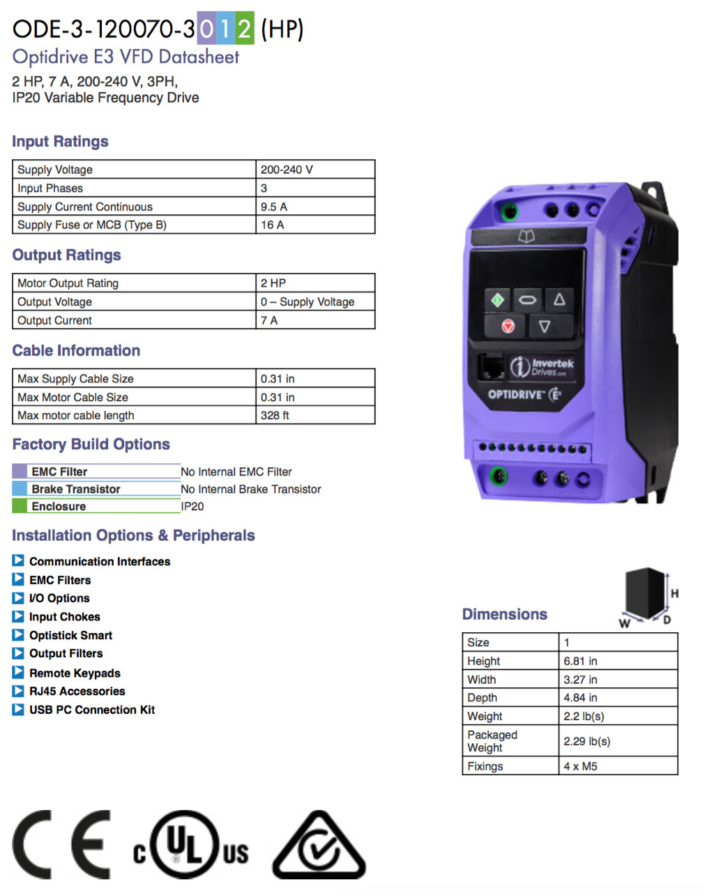 ODE-3-120070-3012 – Invertek VFD – 2HP 7A 200V-240V 3Ph/3Ph – VFDexchange