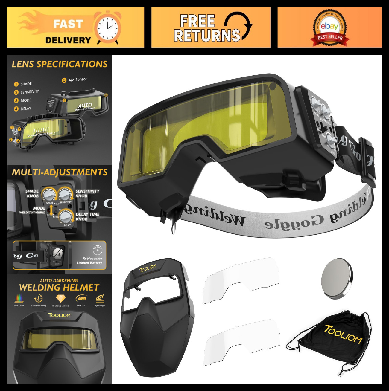 Auto-Darkening Welding Goggles with Detachable Shield | True Color, 0.00003s Res