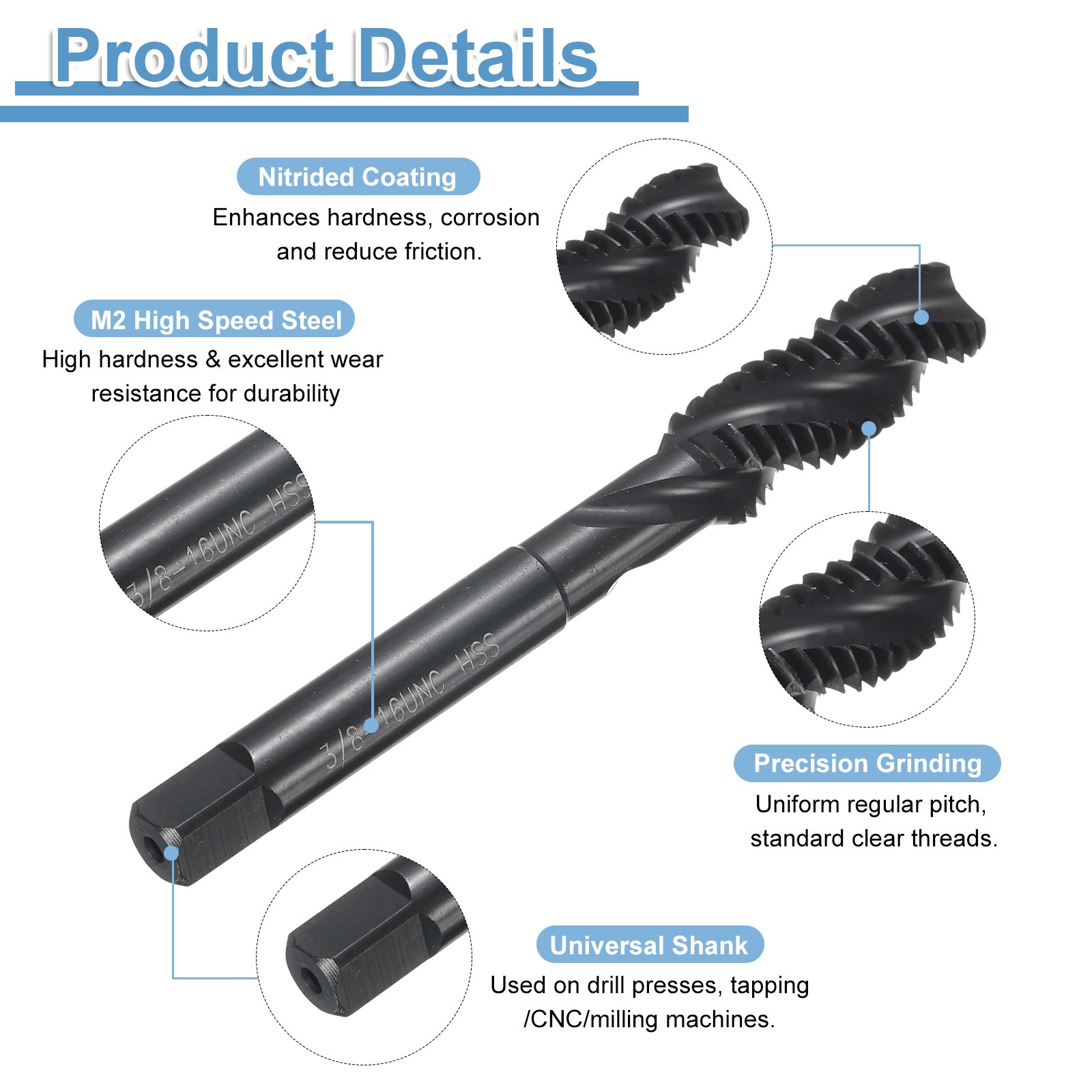 Spiral Flute Thread Tap 3/8-16 UNC Machine Taps High Speed Steel Nitrided Coated
