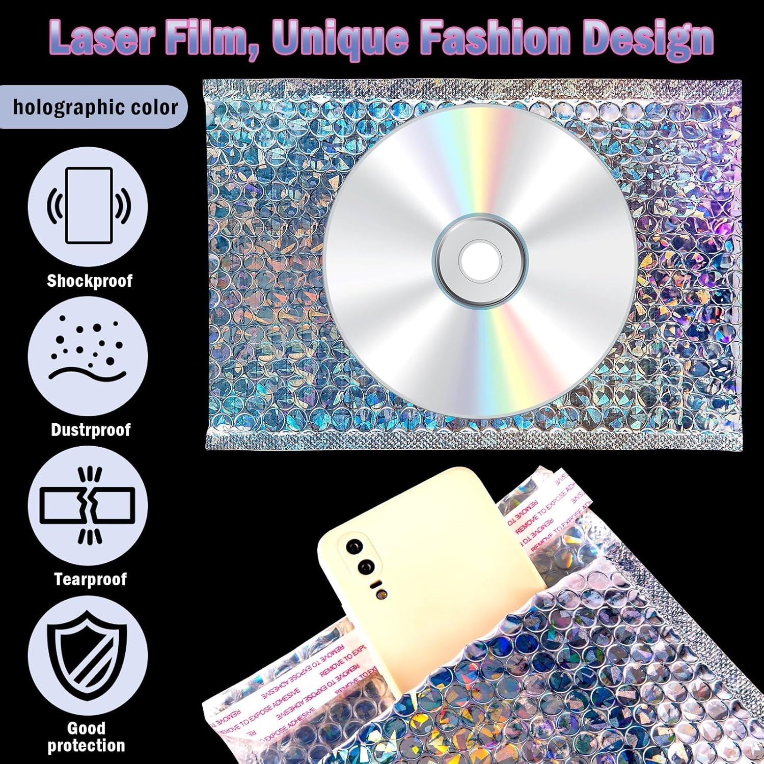 Holographic Bubble Mailers,30 Pcs Metallic Bubble Mailers,6.5 x 9 Inch Poly P…