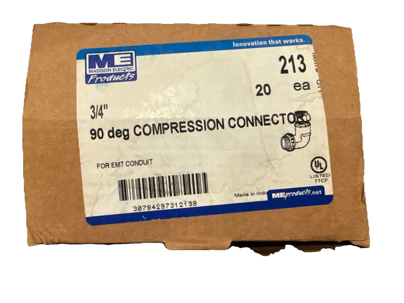 Box of 20 Madison Electric 213 90 Degree 3/4” EMT Compression Connectors New