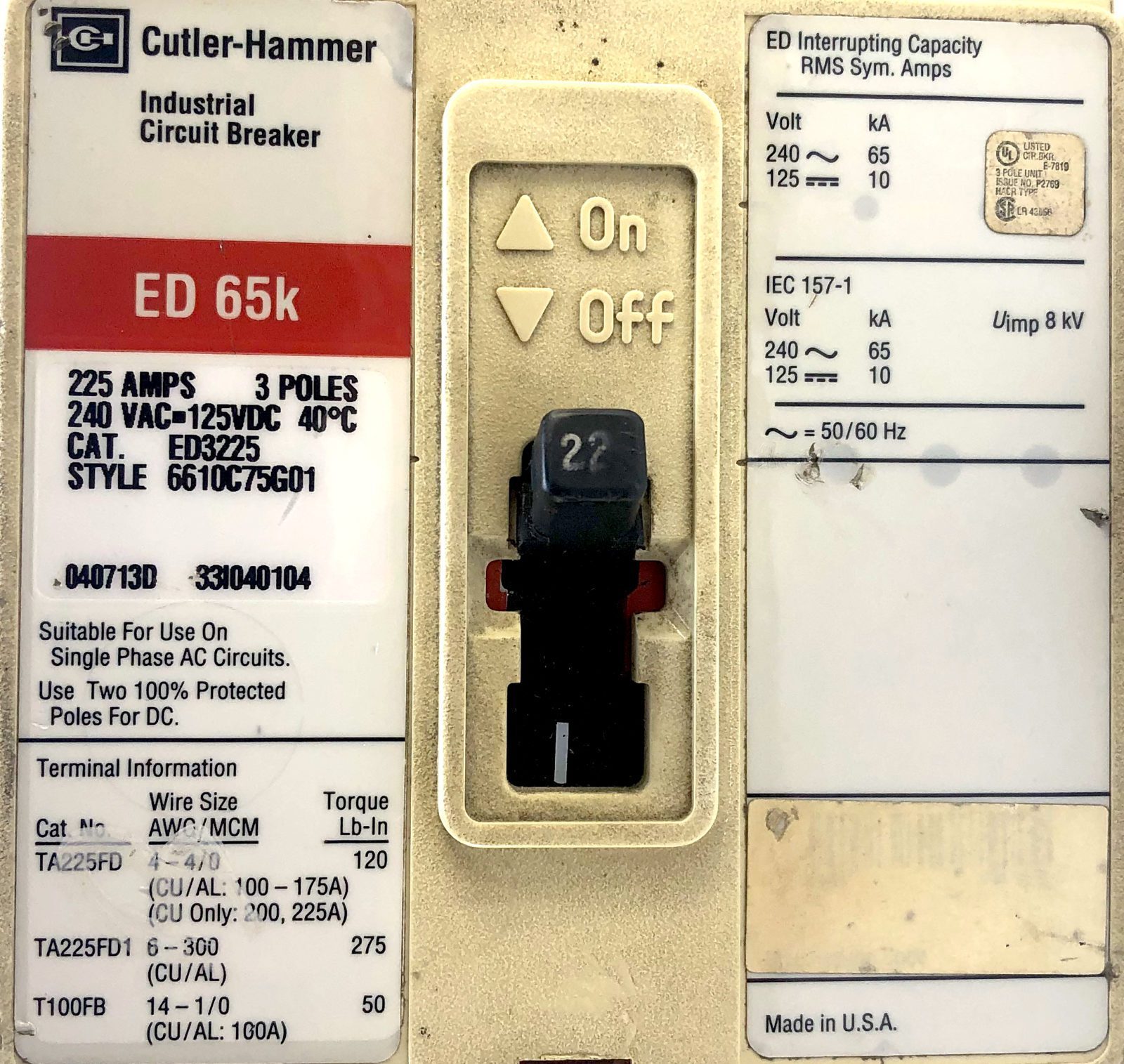 Eaton EDB3225 3 Pole 225 Amp 240 Vac Circuit Breaker