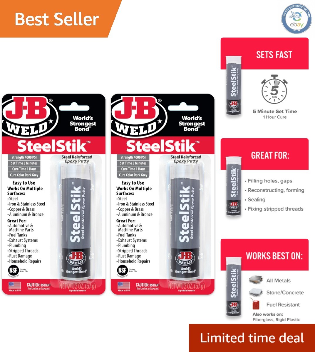 Steel-Reinforced Epoxy Putty Stick, Waterproof & Fast Drying – 2 Pack, 2 Oz.
