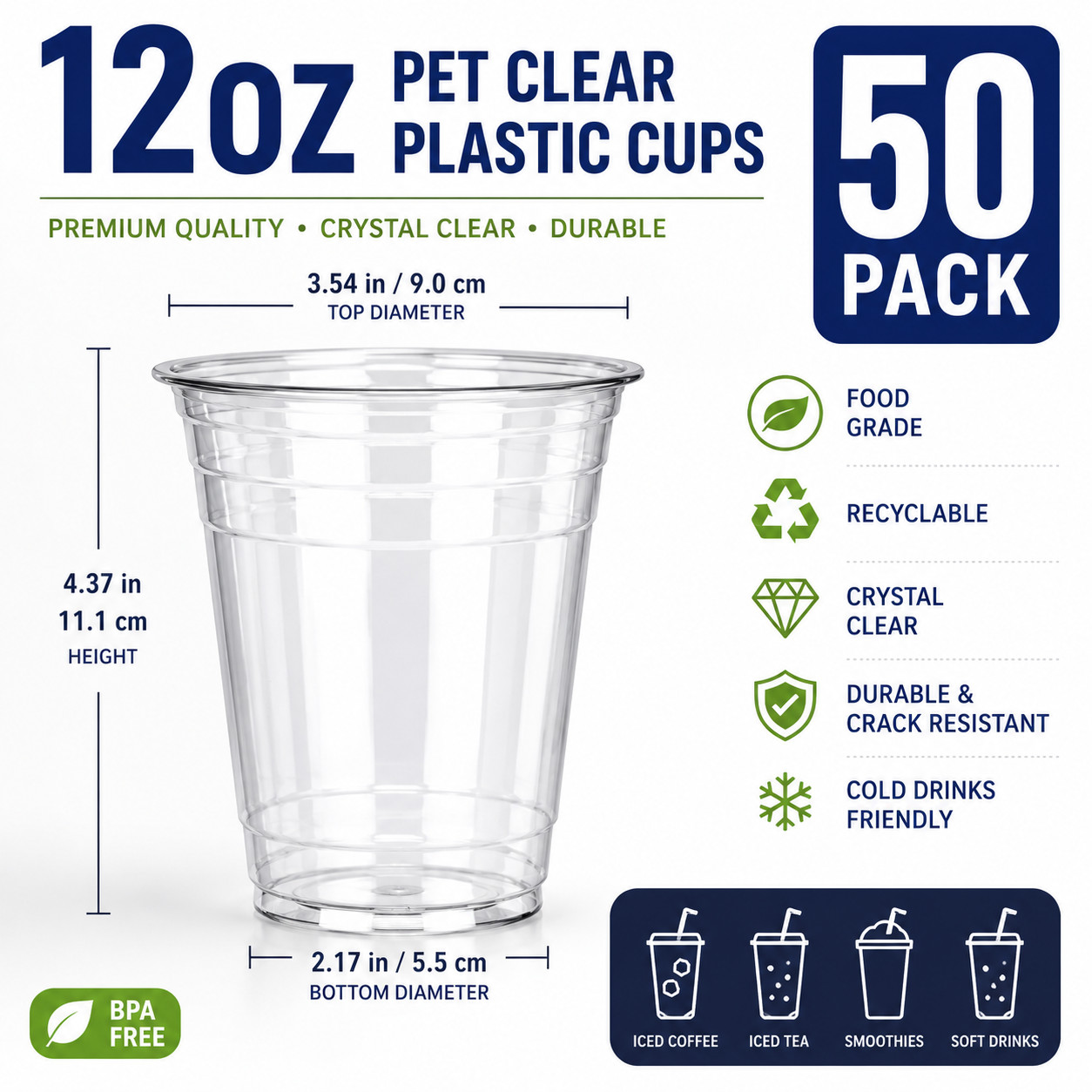[12oz-32oz] 50 Pack Clear Disposable Plastic Cups with Lids and Straws